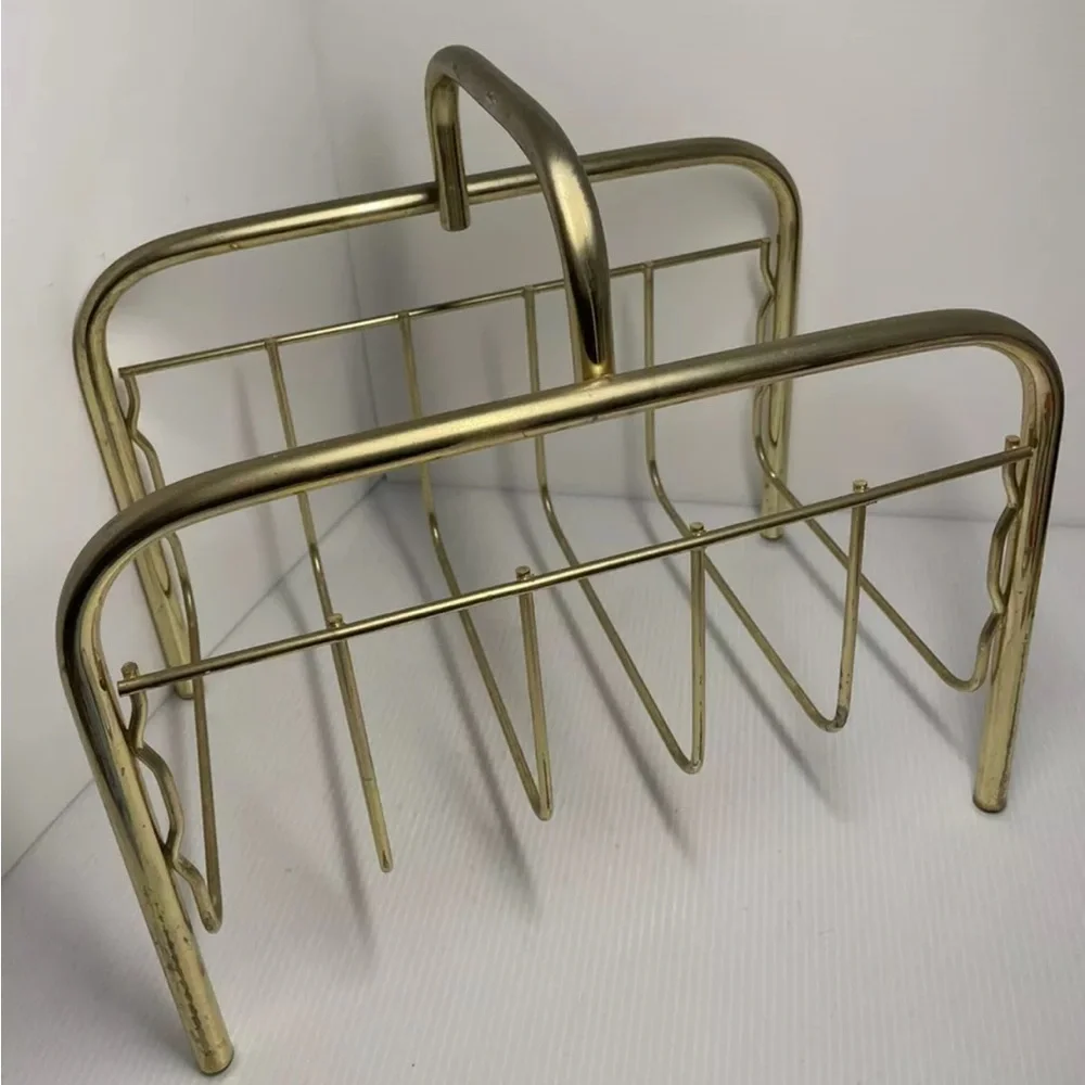 vintage mid century Brass Metal Gold Tone Magazine Newspaper Rack Organizer